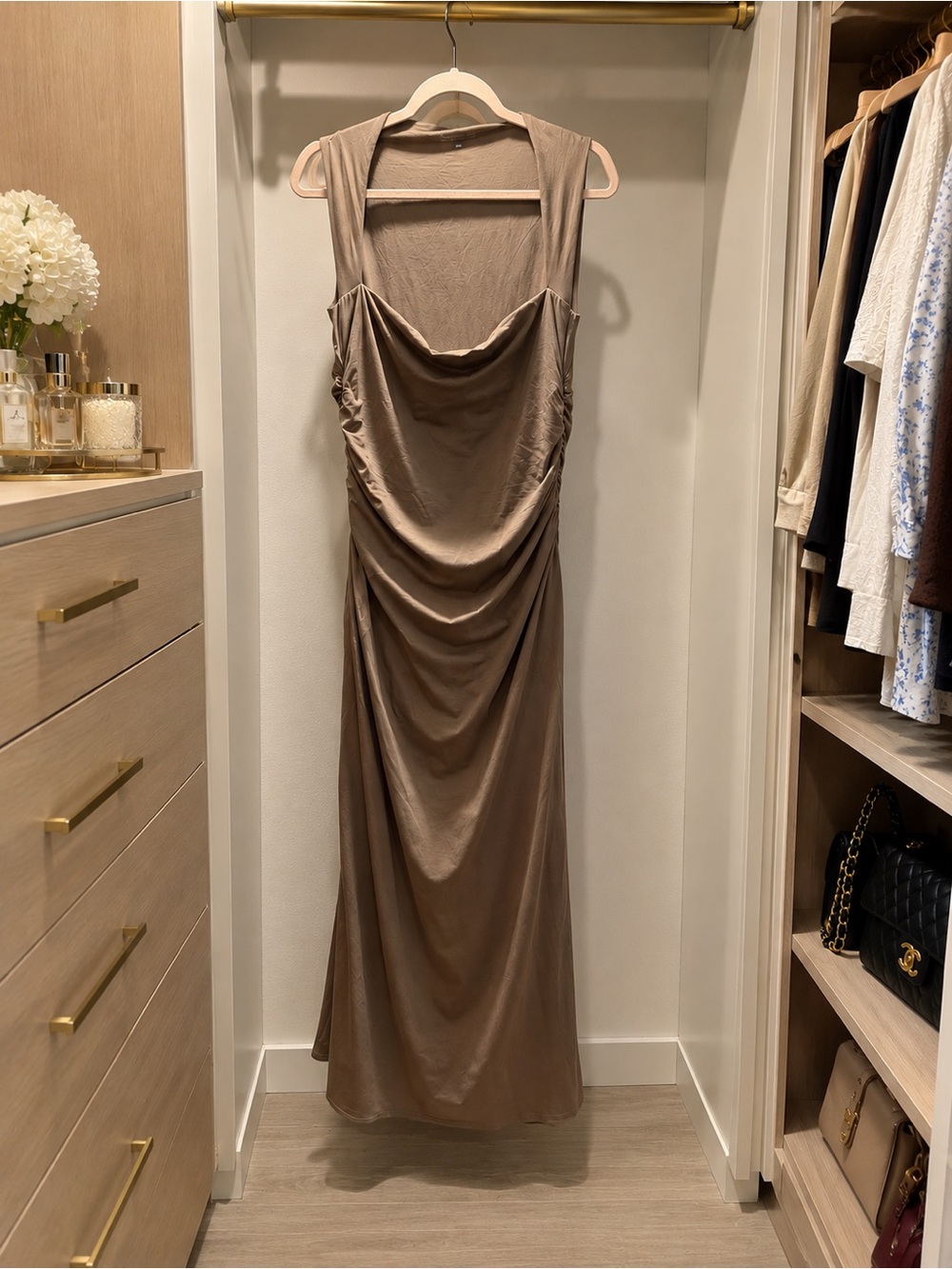 Abercrombie & Fitch Taupe Satin Cowl Maxi Dress